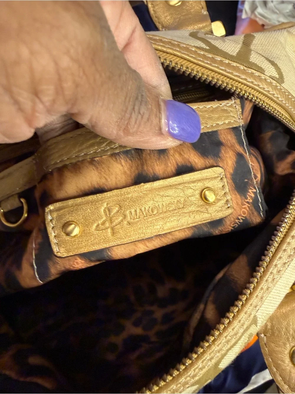 B. Makowsky  Beige Logo Satchel with Gold Accents
